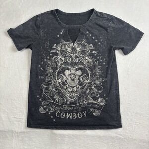 Blended Rodeo Cowboy Cutout Short Sleeve Grey Graphic Shirt Women's Medium